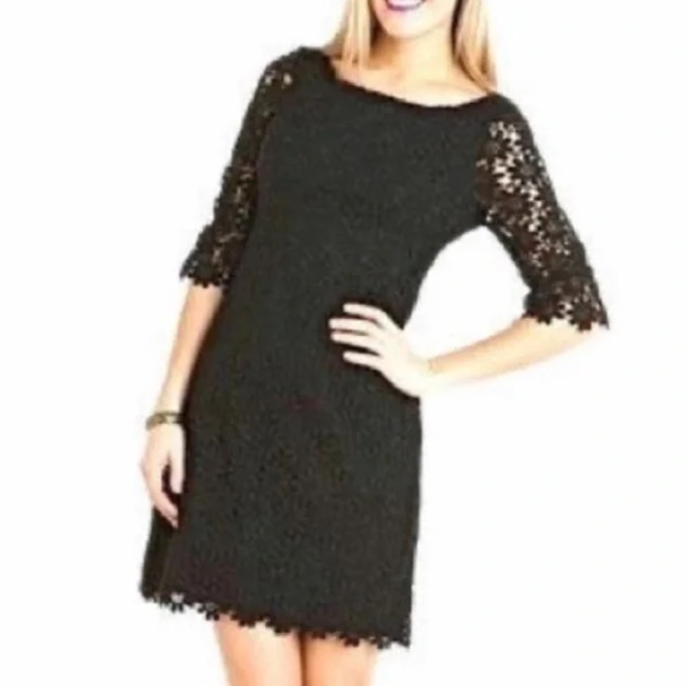 Lilly Pulitzer Shayna Black Crochet Floral Lace Eyelet Dress 3/4 Sleeve Size 8